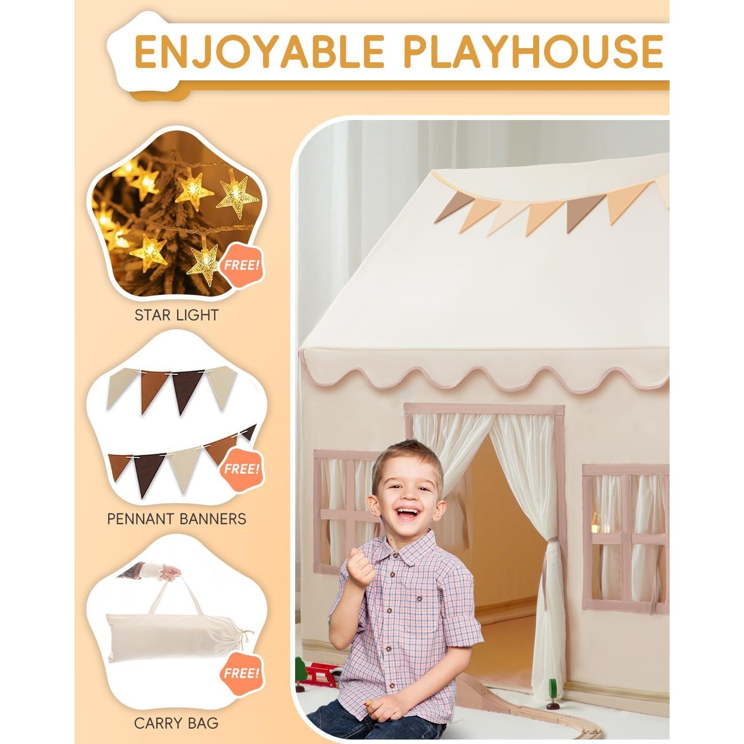 Large Castle Play Tent with Mat, Star Lights and Flags