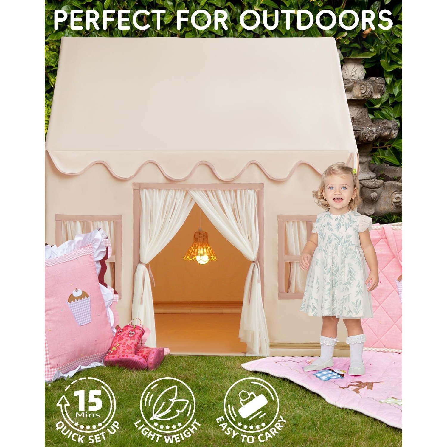 Large Castle Play Tent with Mat, Star Lights and Flags