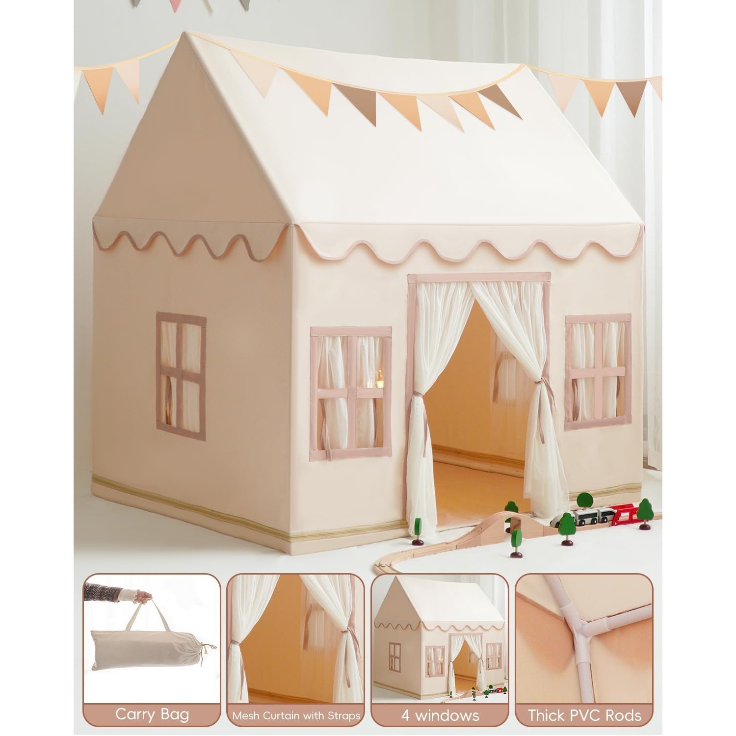 Large Castle Play Tent with Mat, Star Lights and Flags