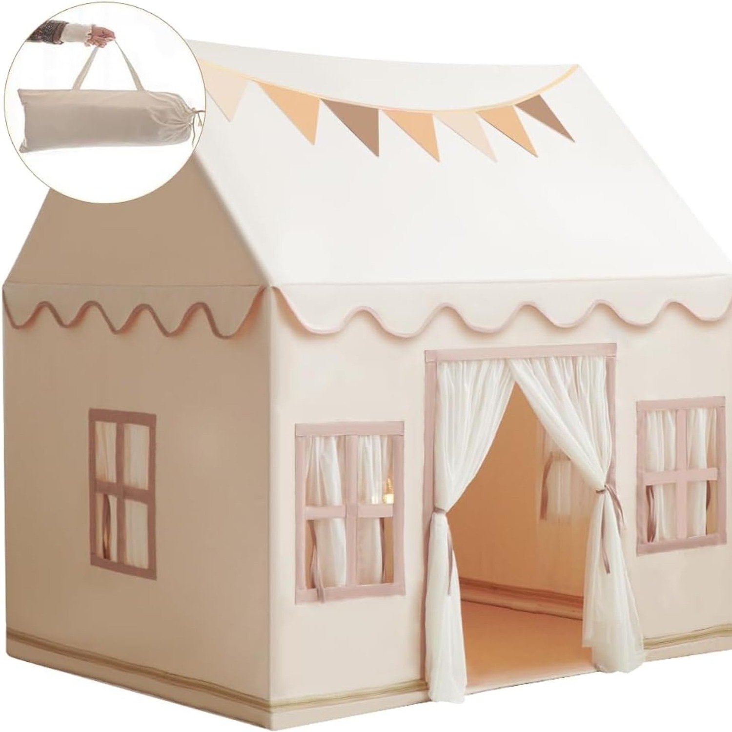 Large Castle Play Tent with Mat, Star Lights and Flags
