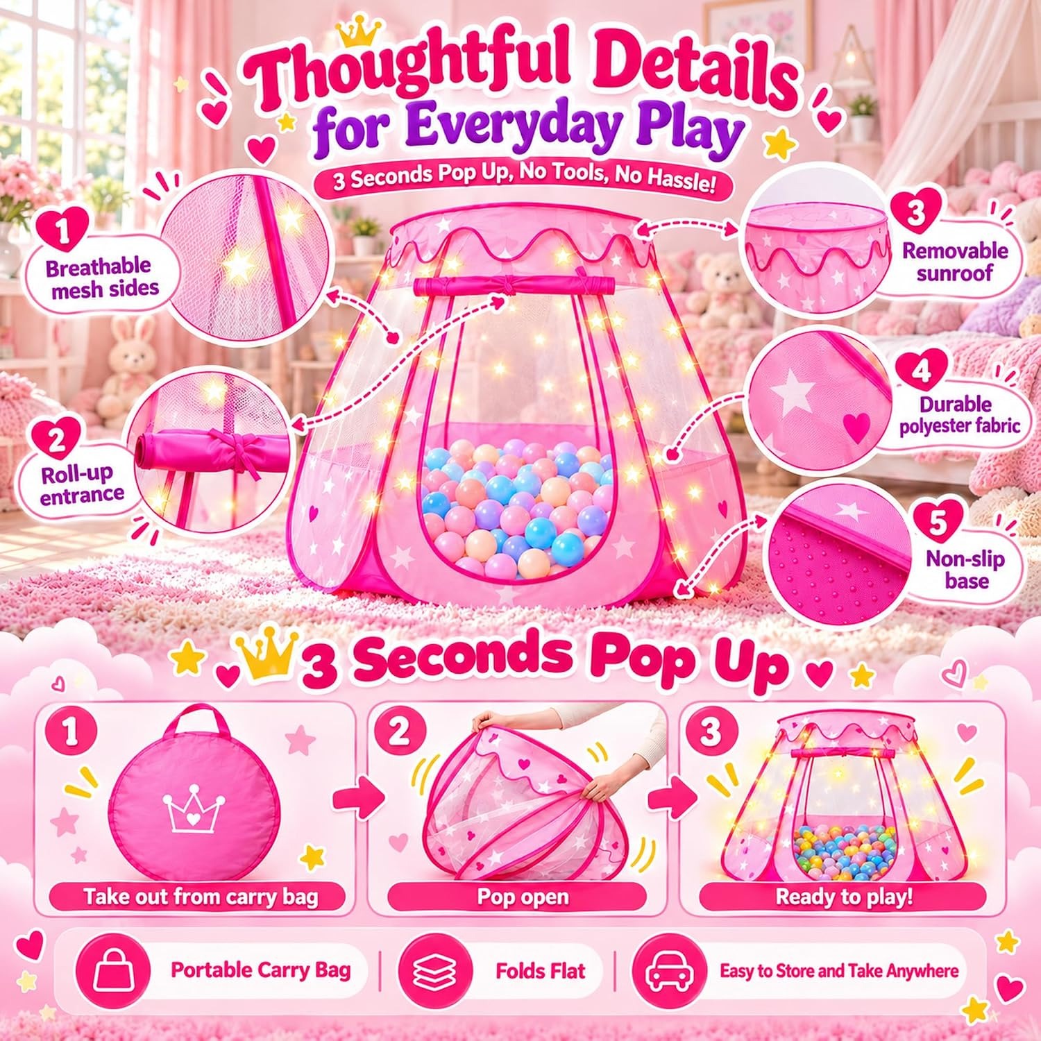 Pop-Up Ball Pit Tent with Star Lights and 50 Balls: image 4